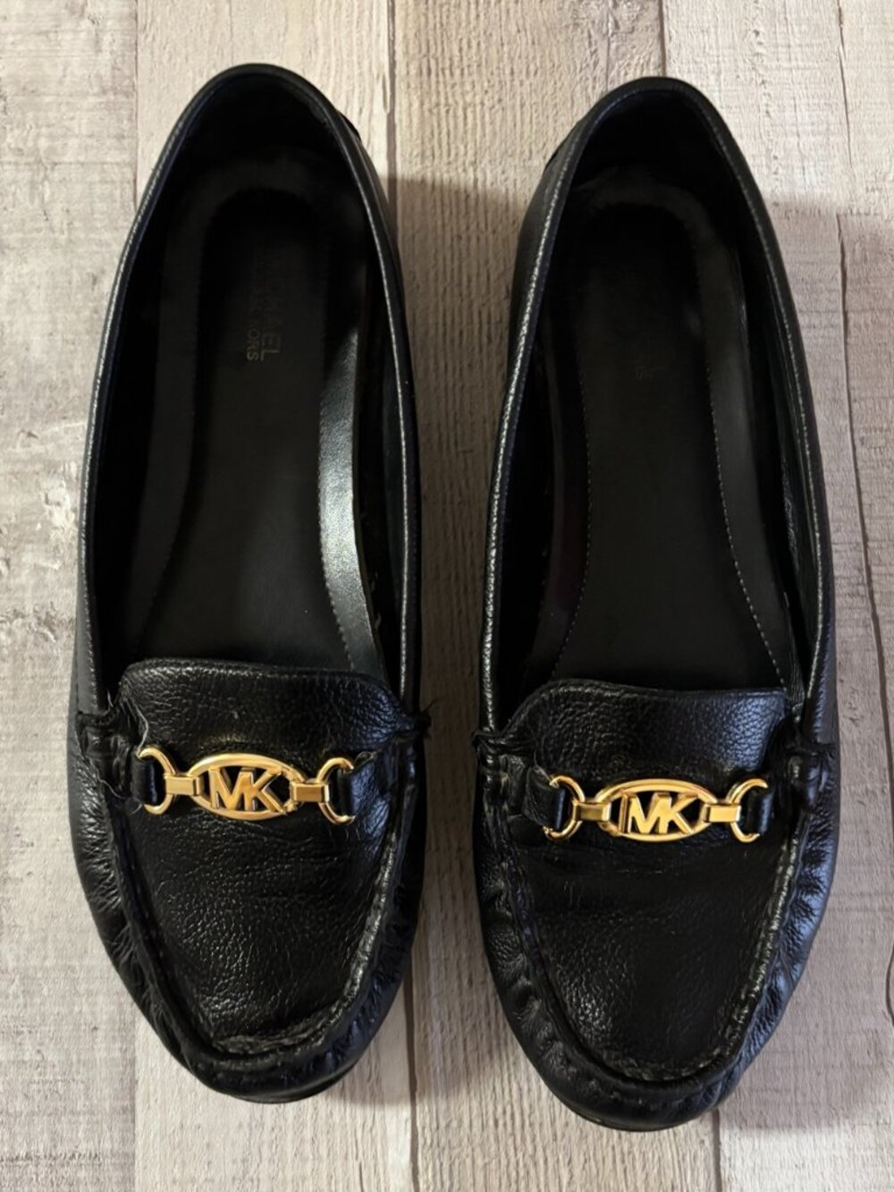 Michael Kors Women’s Black Leather Loafers – Gold MK Hardware